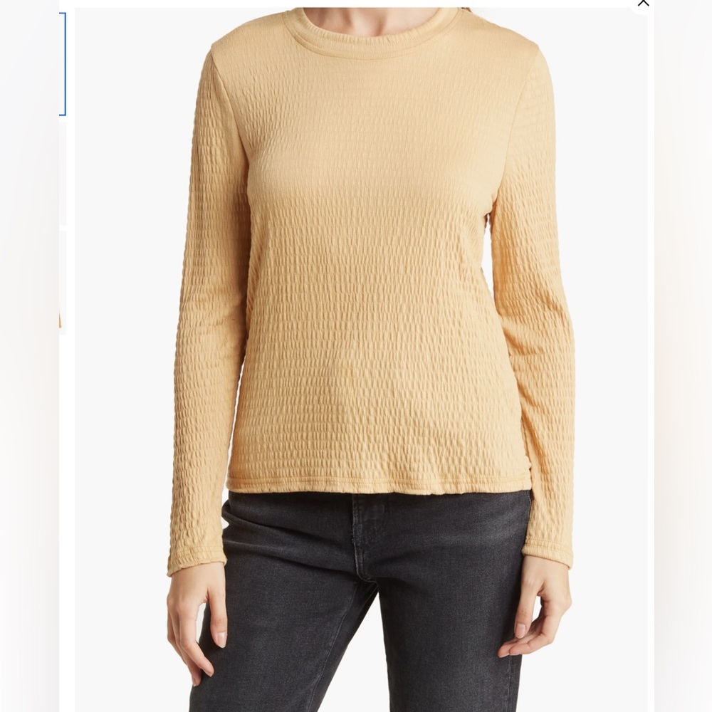 Crew Neck Smocked Shoulder Long Sleeve Shirt in Mustard